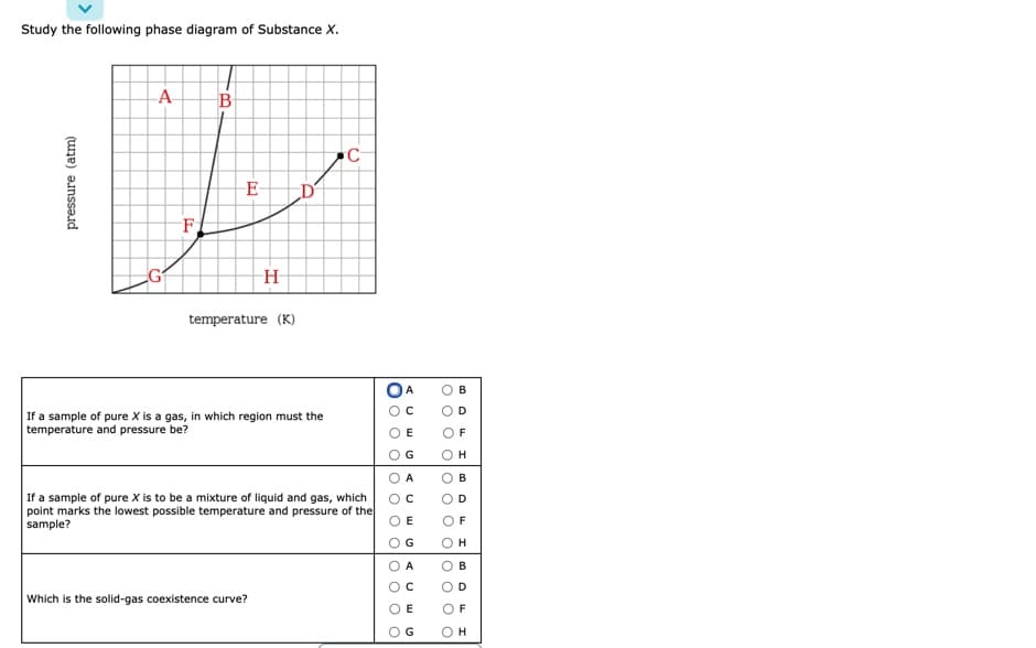 Study the following phase diagram of Substance X.
A
E-
F
H
temperature (K)
A
B
D
If a sample of pure X is a gas, in which region must the
temperature and pressure be?
OF
H
A
B
If a sample of pure X is to be a mixture of liquid and gas, which
point marks the lowest possible temperature and pressure of the
sample?
OF
G
H
A
B
Which is the solid-gas coexistence curve?
E
OF
O O
O O
O O O
pressure (atm)
