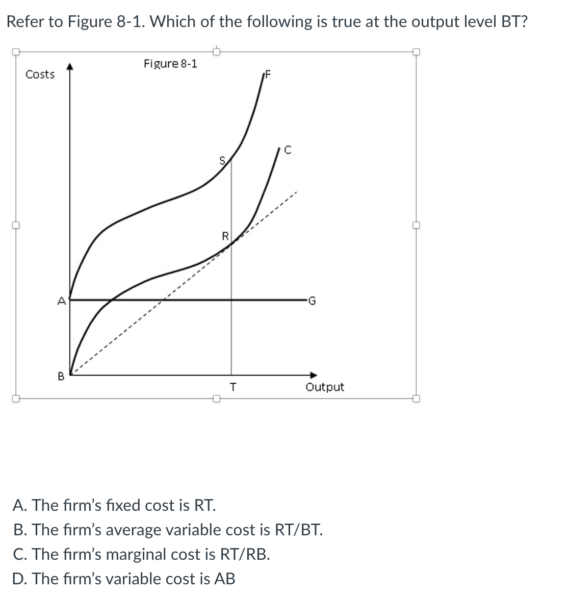 Refer to Figure 8-1. Which of the following is true at the output level BT?
Costs
D
B
Figure 8-1
S
T
C
G
Output
A. The firm's fixed cost is RT.
B. The firm's average variable cost is RT/BT.
C. The firm's marginal cost is RT/RB.
D. The firm's variable cost is AB