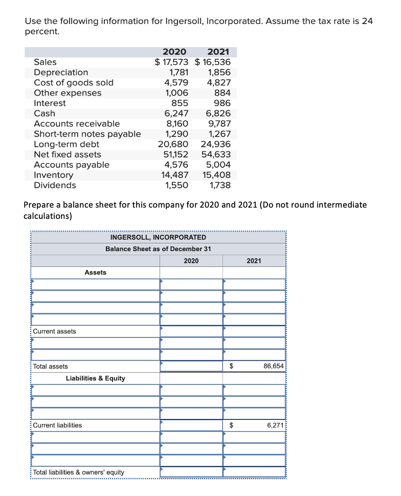 Use the following information for Ingersoll, Incorporated. Assume the tax rate is 24
percent.
2020
2021
Sales
Depreciation
$ 17,573 $16,536
1,781
1,856
Cost of goods sold
4,579
4,827
Other expenses
1,006
884
Interest
855
986
Cash
6,247
6,826
Accounts receivable
8,160
9,787
Short-term notes payable
1,290
1,267
Long-term debt
20,680
24,936
Net fixed assets
51,152 54,633
Accounts payable
4,576 5,004
Inventory
14,487
15,408
1,550
1,738
Dividends
Prepare a balance sheet for this company for 2020 and 2021 (Do not round intermediate
calculations)
Current assets
Assets
INGERSOLL, INCORPORATED
Balance Sheet as of December 31
2020
2021
Total assets
$
86,654
Liabilities & Equity
Current liabilities
Total liabilities & owners' equity
$
6,271