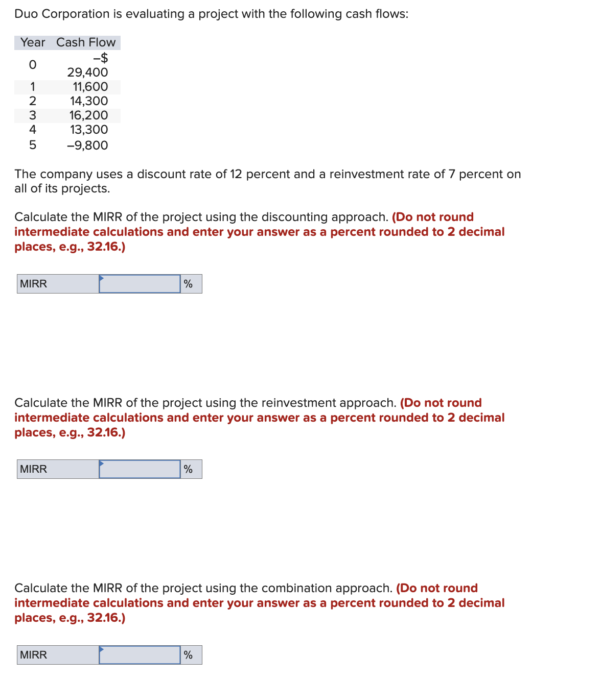 Duo Corporation is evaluating a project with the following cash flows:
Year Cash Flow
-$
0
29,400
12345
11,600
14,300
16,200
4
5
13,300
-9,800
The company uses a discount rate of 12 percent and a reinvestment rate of 7 percent on
all of its projects.
Calculate the MIRR of the project using the discounting approach. (Do not round
intermediate calculations and enter your answer as a percent rounded to 2 decimal
places, e.g., 32.16.)
MIRR
%
Calculate the MIRR of the project using the reinvestment approach. (Do not round
intermediate calculations and enter your answer as a percent rounded to 2 decimal
places, e.g., 32.16.)
MIRR
%
Calculate the MIRR of the project using the combination approach. (Do not round
intermediate calculations and enter your answer as a percent rounded to 2 decimal
places, e.g., 32.16.)
MIRR
%