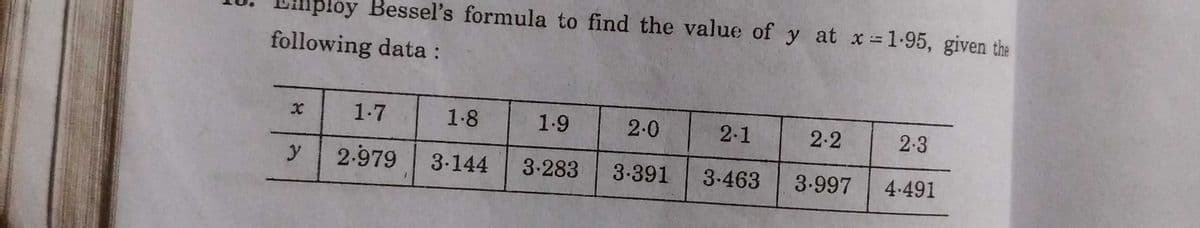 Bessel's formula to find the value of y at x 1-95, given the
following data :
1-7
1-8
1.9
2.0
2.1
2-2
2-3
2-979
3.144
3-283
3.391
3-463
3.997
4.491
