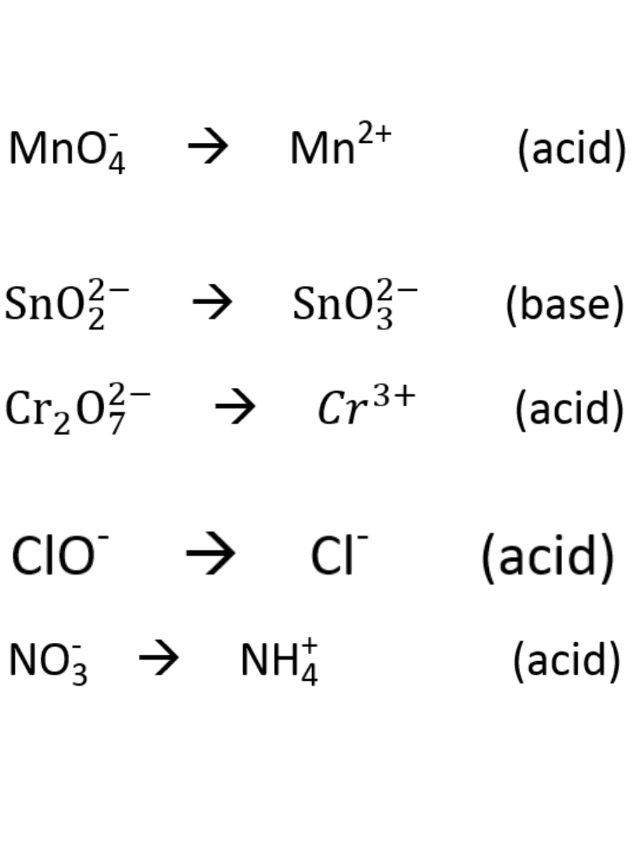 MnO4 → Mn²+
Sn0 ➜ Sn0²-
Cr₂0²/7-→ Cr³+
(acid)
(base)
(acid)
CIO → CI™ (acid)
NO 3 → NH
(acid)