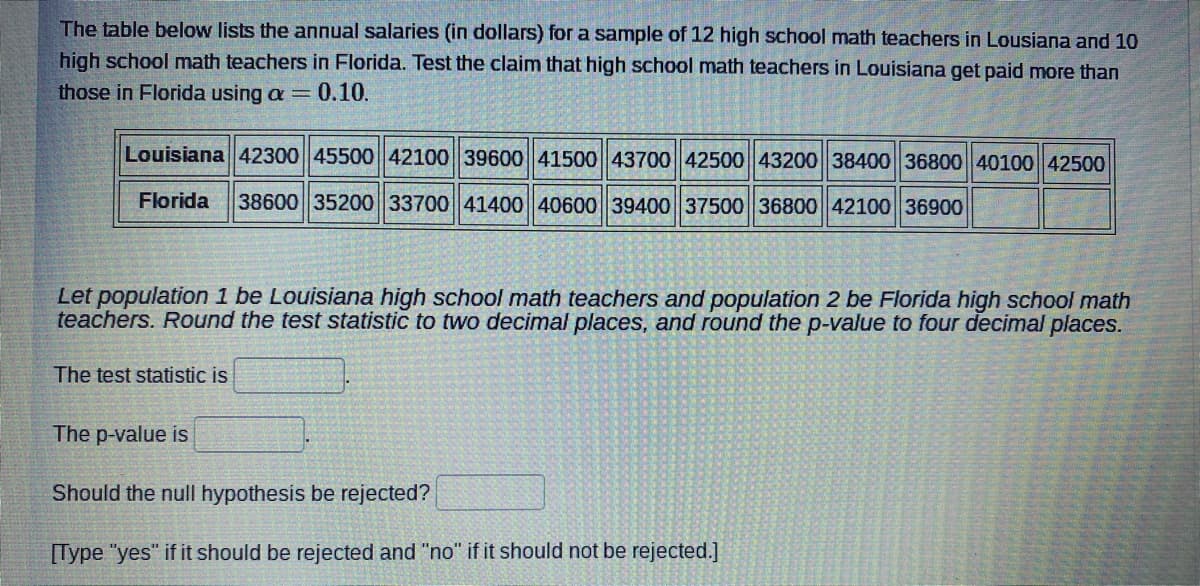 The table below lists the annual salaries (in dollars) for a sample of 12 high school math teachers in Lousiana and 10
high school math teachers in Florida. Test the claim that high school math teachers in Louisiana get paid more than
those in Florida using a = 0.10.
Louisiana 42300 45500 42100 39600 41500 43700 42500 43200 38400 36800 40100 42500
Florida
38600 35200 33700 41400 40600 39400 37500 36800 42100 36900
Let population 1 be Louisiana high school math teachers and population 2 be Florida high school math
teachers. Round the test statistic to two decimal places, and round the p-value to four decimal places.
The test statistic is
The p-value is
Should the null hypothesis be rejected?
[Type "yes" if it should be rejected and "no" if it should not be rejected.]
