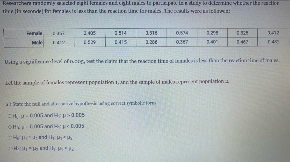 Researchers randomly selected eight females and eight males to participate in a study to determine whether the reaction
time (in seconds) for females is less than the reaction time for males. The results were as followed:
Female
0.367
0.405
0.514
0.316
0.574
0.298
0.325
0.412
Male
0.412
0.529
0.415
0.286
0.367
0.401
0.467
0.432
Using a significance level of 0.005, test the claim that the reaction time of females is less than the reaction time of males.
Let the sample of females represent population 1, and the sample of males represent population 2.
a.) State the null and alternative hypothesis using correct symbolic form.
O Ho: H = 0.005 and H₁: μ> 0.005
O Ho: μ = 0.005 and H₁: μ< 0.005
O
Ho: H1
H₂ and H₁: H₁ H₂
O Ho: H1
H₂ and H₁: ₁ > H₂