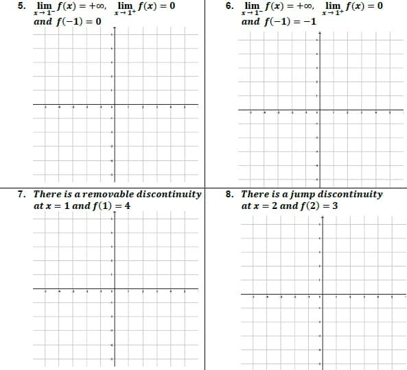 5. lim f(x) = +oo, lim f(x) = 0
6. lim f(x) = +o, lim f(x) = 0
%3D
*+1-
*+1+
*+1-
and f(-1) = 0
and f(-1) = -1
7. There is a removable discontinuity
at x = 1 and f(1) = 4
8. There is a jump discontinuity
at x = 2 and f(2) = 3
