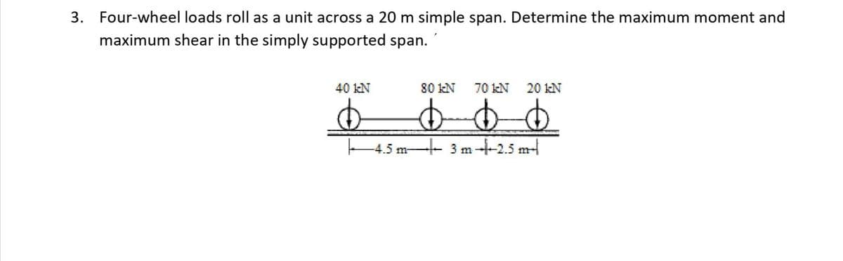 3. Four-wheel loads roll as a unit across a 20 m simple span. Determine the maximum moment and
maximum shear in the simply supported span.
40 kN
80 kN
70 kN
20 kN
4.5 m-- 3 m-2.5 m-
