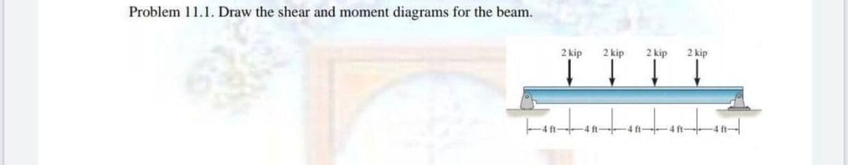 Problem 11.1. Draw the shear and moment diagrams for the beam.
2 kip
2 kip
2 kip
2 kip
4 ft
4 ft
4 ft
