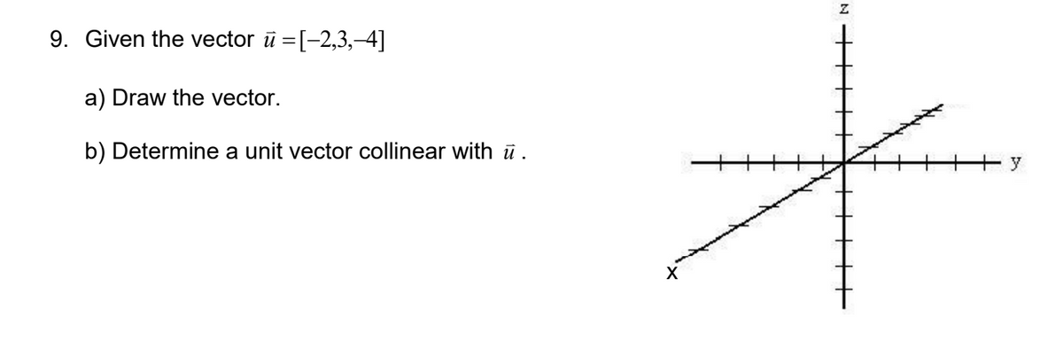 9. Given the vector ū =[-2,3,–4]
a) Draw the vector.
b) Determine a unit vector collinear with ū .
++y
X
