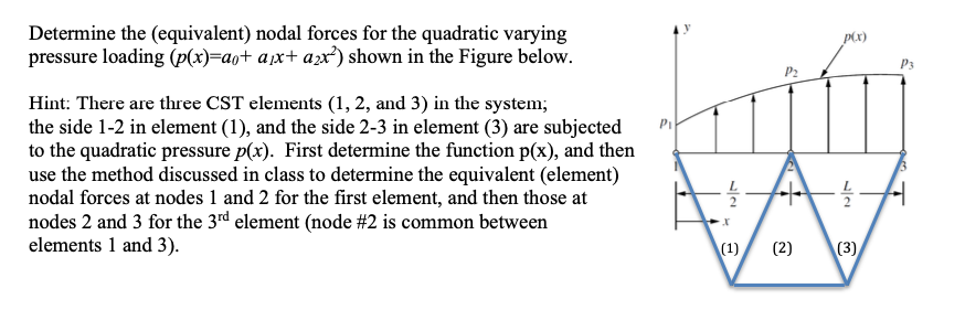 Determine the (equivalent) nodal forces for the quadratic varying
pressure loading (p(x)=ao+ ax+ ax³) shown in the Figure below.
p(x)
P3
P2
Hint: There are three CST elements (1, 2, and 3) in the system;
the side 1-2 in element (1), and the side 2-3 in element (3) are subjected
to the quadratic pressure p(x). First determine the function p(x), and then
use the method discussed in class to determine the equivalent (element)
nodal forces at nodes 1 and 2 for the first element, and then those at
nodes 2 and 3 for the 3rd element (node #2 is common between
elements 1 and 3).
(1)
(2)
(3)
