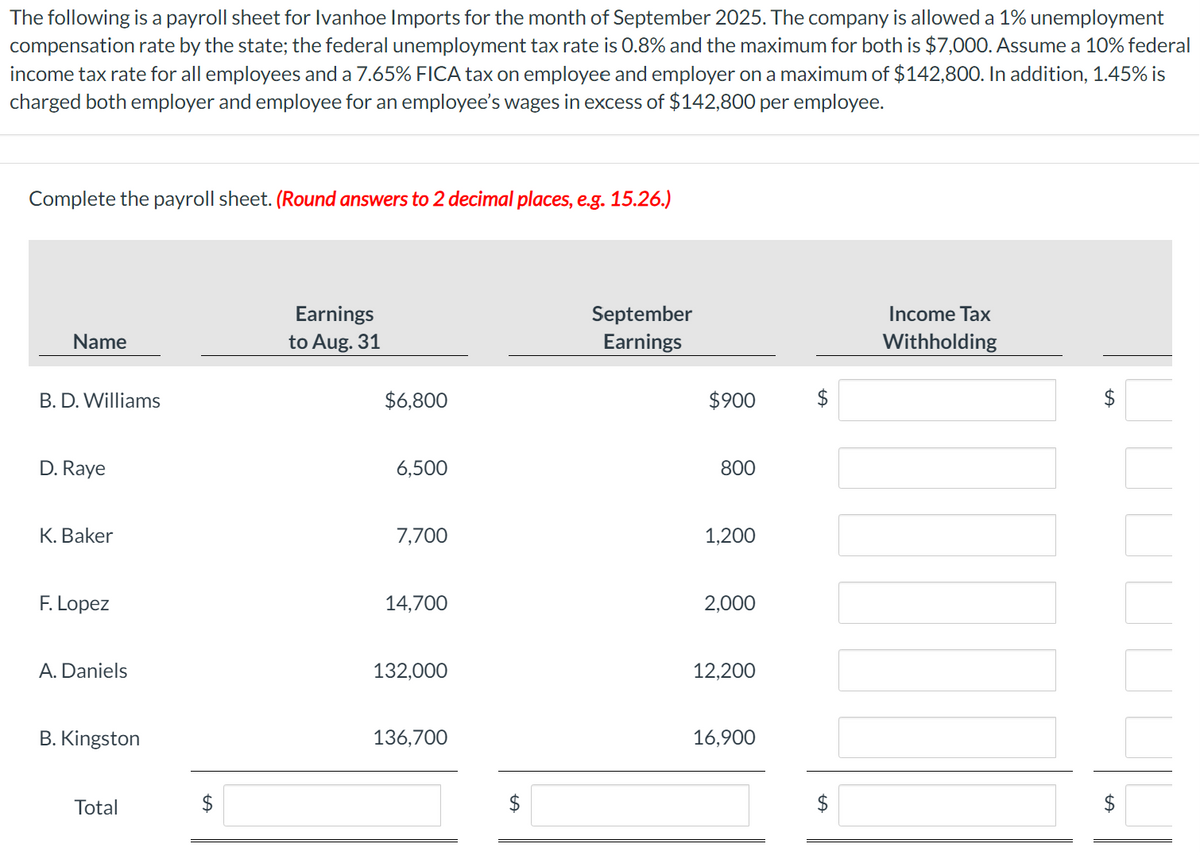 The following is a payroll sheet for Ivanhoe Imports for the month of September 2025. The company is allowed a 1% unemployment
compensation rate by the state; the federal unemployment tax rate is 0.8% and the maximum for both is $7,000. Assume a 10% federal
income tax rate for all employees and a 7.65% FICA tax on employee and employer on a maximum of $142,800. In addition, 1.45% is
charged both employer and employee for an employee's wages in excess of $142,800 per employee.
Complete the payroll sheet. (Round answers to 2 decimal places, e.g. 15.26.)
Name
B. D. Williams
D. Raye
K. Baker
F. Lopez
A. Daniels
B. Kingston
Total
Earnings
to Aug. 31
$6,800
6,500
7,700
14,700
132,000
136,700
+A
September
Earnings
$900
800
1,200
2,000
12,200
16,900
$
Income Tax
Withholding