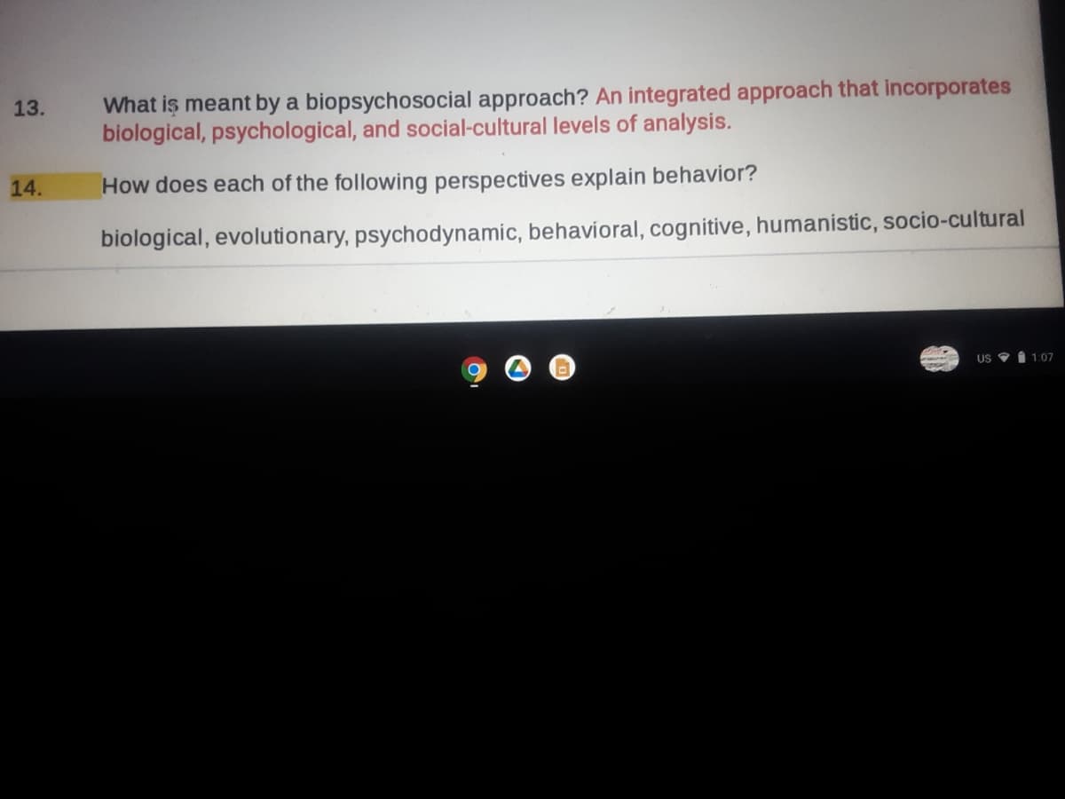 What iş meant by a biopsychosocial approach? An integrated approach that incorporates
biological, psychological, and social-cultural levels of analysis.
13.
14.
How does each of the following perspectives explain behavior?
biological, evolutionary, psychodynamic, behavioral, cognitive, humanistic, socio-cultural
US
1:07
