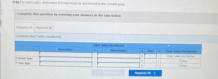 (1-b) For each ratio, determine if it improved or worsened in the current year.
Complete this question by entering your answers in the tabs below.
Required 1A Required 18
Compute days' sales uncollected.
Current Year:
1 Year Ago:
Numerator:
Days Sales Uncollected
A
1
Denominator:
Regifret 14
X
X
x
Days
Required 18 >
RE
+
Days' Sales Uncollected
Days' sales uncollected
0 days
0 days