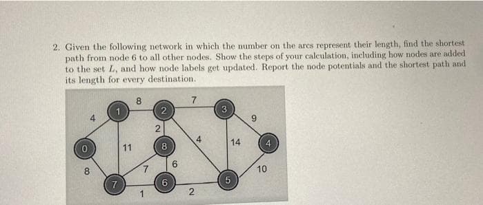 2. Given the following network in which the number on the ares represent their length, find the shortest
path from node 6 to all other nodes. Show the steps of your calculation, including how nodes are added
to the set L, and how node labels get updated. Report the node potentials and the shortest path and
its length for every destination.
8
7
3
4
14
4
11
6.
8.
10
2
