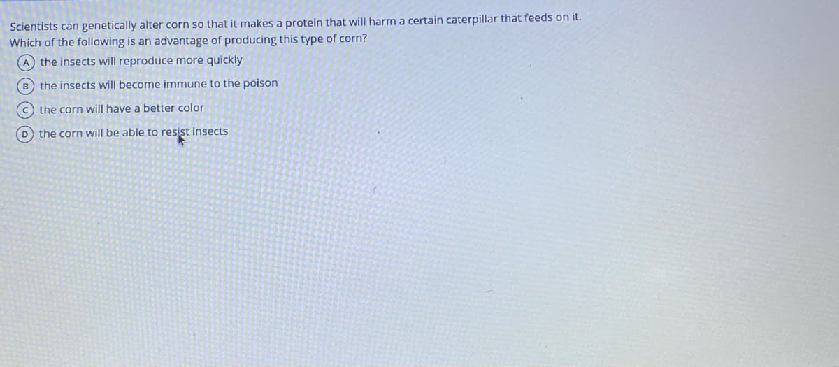 ### Genetically Modified Corn: Advantages and Benefits

Scientists can genetically alter corn so that it makes a protein that will harm a certain caterpillar that feeds on it. 

**Question:**
Which of the following is an advantage of producing this type of corn?

  - **A.** The insects will reproduce more quickly
  - **B.** The insects will become immune to the poison
  - **C.** The corn will have a better color
  - **D.** The corn will be able to resist insects

**Correct Answer:**
  - **D.** The corn will be able to resist insects

By engineering corn to produce a specific protein that targets and harms the caterpillar, the crop gains resistance against this particular pest. This biotechnological advancement can significantly reduce the damage caused by the caterpillars, leading to healthier crops and potentially higher yields. Using genetic modification in this way can also decrease the need for chemical pesticides, offering a more sustainable and environmentally friendly approach to agriculture.