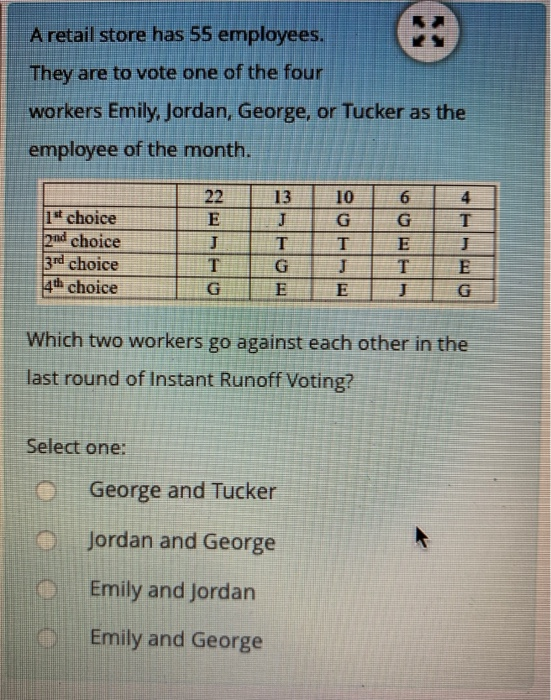 A retail store has 55 employees.
They are to vote one of the four
workers Emily, Jordan, George, or Tucker as the
employee of the month.
22
13
10
4
1 choice
2nd choice
3rd choice
4th choice
E
J
G
G
Which two workers go against each other in the
last round of Instant Runoff Voting?
Select one:
George and Tucker
Jordan and George
Emily and Jordan
Emily and George
49E
