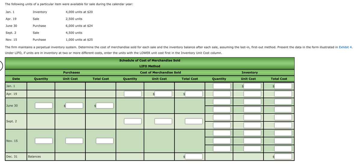 The following units of a particular item were available for sale during the calendar year:
Jan. 1
Inventory
4,000 units at $20
Apr. 19
Sale
2,500 units
June 30
Purchase
6,000 units at $24
Sept. 2
Sale
4,500 units
Nov. 15
Purchase
1,000 units at $25
The firm maintains a perpetual inventory system. Determine the cost of merchandise sold for each sale and the inventory balance after each sale, assuming the last-in, first-out method. Present the data in the form illustrated in Exhibit 4.
Under LIFO, if units are in inventory at two or more different costs, enter the units with the LOWER unit cost first in the Inventory Unit Cost column.
Schedule of Cost of Merchandise Sold
LIFO Method
Purchases
Cost of Merchandise Sold
Inventory
Date
Quantity
Unit Cost
Total Cost
Quantity
Unit Cost
Total Cost
Quantity
Unit Cost
Total Cost
Jan. 1
Apr. 19
$4
June 30
Sept. 2
Nov. 15
Dec. 31
Balances
