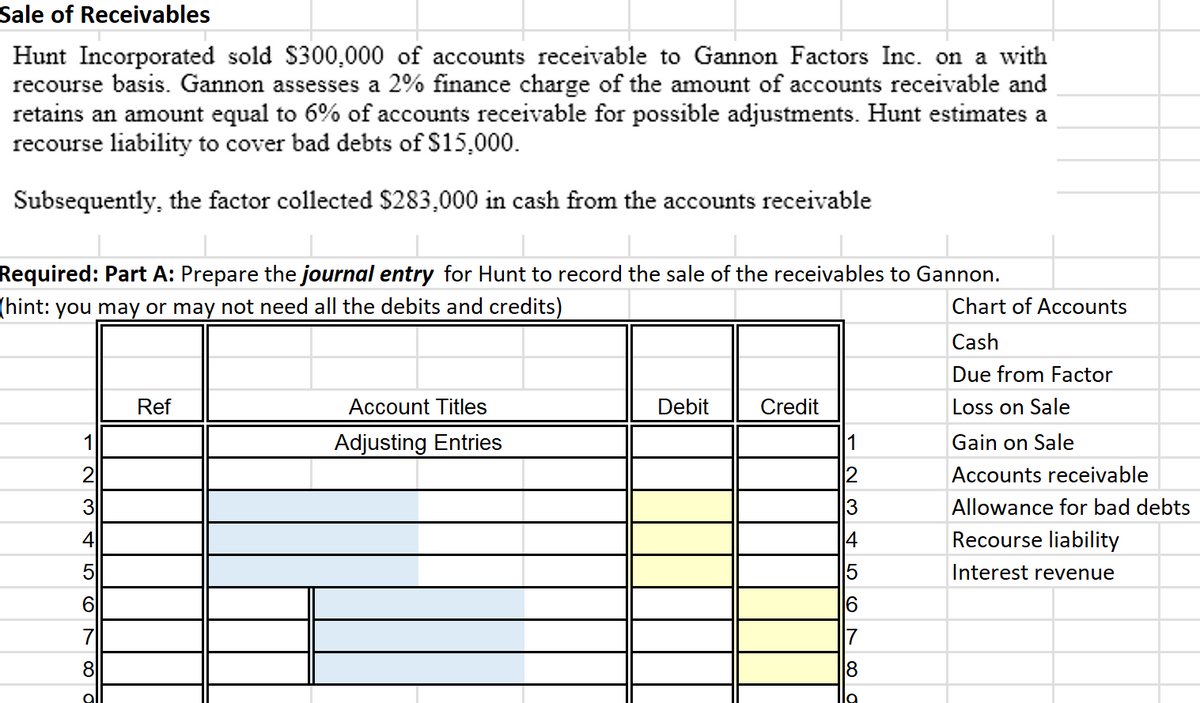 Sale of Receivables
Hunt Incorporated sold $300,000 of accounts receivable to Gannon Factors Inc. on a with
recourse basis. Gannon assesses a 2% finance charge of the amount of accounts receivable and
retains an amount equal to 6% of accounts receivable for possible adjustments. Hunt estimates a
recourse liability to cover bad debts of $15,000.
Subsequently, the factor collected $283,000 in cash from the accounts receivable
Required: Part A: Prepare the journal entry for Hunt to record the sale of the receivables to Gannon.
(hint: you may or may not need all the debits and credits)
1
31
41
5
6
8
Ref
Account Titles
Adjusting Entries
Debit
Credit
1
2
3
14
5
6
8
la
Chart of Accounts
Cash
Due from Factor
Loss on Sale
Gain on Sale
Accounts receivable
Allowance for bad debts
Recourse liability
Interest revenue