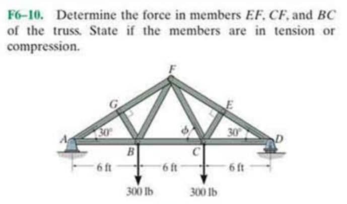 F6-10. Determine the force in members EF. CF, and BC
of the truss. State if the members are in tension or
compression.
30
30
6 ft
6 ft
6 ft
300 lb
300 lb
