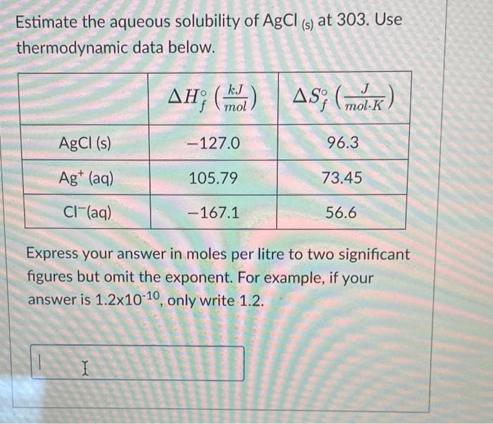 Estimate the aqueous solubility of AgCl (s) at 303. Use
thermodynamic data below.
AgCl (s)
Ag+ (aq)
CI-(aq)
ΔΗ (6) | ΔS (max)
AS;
I
-127.0
105.79
-167.1
96.3
73.45
56.6
Express your answer in moles per litre to two significant
figures but omit the exponent. For example, if your
answer is 1.2x10-10, only write 1.2.