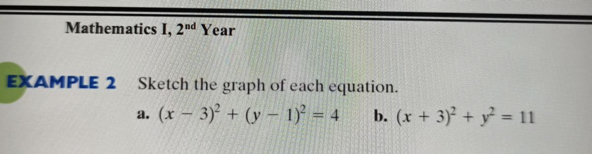 Mathematics I, 2nd Year
EXAMPLE 2 Sketch the graph of each equation.
a. (x – 3) + (y – 1) = 4
b. (x + 3) + y = 11
