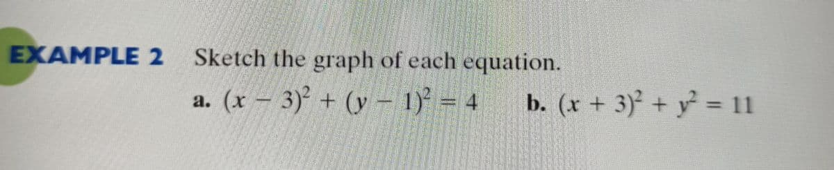 EXAMPLE 2
Sketch the graph of each equation.
a. (x – 3)² + (y – 1 = 4
b. (x + 3)² + y² = 11
а.
