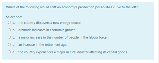 Which of the following would shift an economy's production possibilities curve to the left?
Select one:
O a. the country discovers a new energy source
O b. dramatic increases in economic growth
O c. a major increase in the number of people in the labour force
O d. an increase in the retirement age
O e. the country experiences a major natural disaster affecting its capital goods
