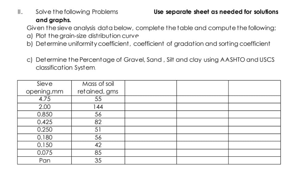 Solve the following Problems
and graphs.
Given the sieve analysis data below, complete thetable and compute the following;
a) Plot the grain-size distribution curve
b) Determine uniformit y coefficient, coefficient of gradation and sorting coefficient
II.
Use separate sheet as needed for solutions
c) Determine the Percentage of Gravel, Sand , Silt and clay using AASHTO and USCS
classification System.
Sieve
opening,mm
Mass of soil
retained, gms
4.75
55
2.00
144
0.850
56
0.425
82
0.250
51
0.180
56
0.150
42
0.075
85
Pan
35
