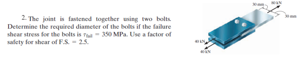 30 mm -
80 kN
30 mm
2. The joint is fastened together using two bolts.
Determine the required diameter of the bolts if the failure
shear stress for the bolts is Tfail = 350 MPa. Use a factor of
safety for shear of F.S. = 2.5.
40 kN
40 kN
