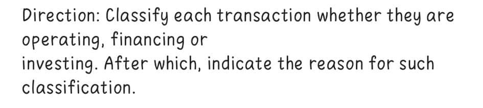 Direction: Classify each transaction whether they
operating, financing or
investing. After which, indicate the reason for such
classification.
are
