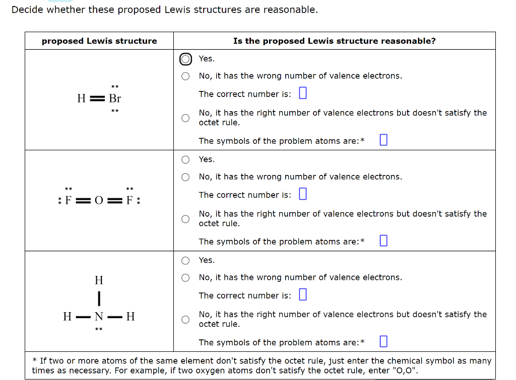 Decide whether these proposed Lewis structures are reasonable.
proposed Lewis structure
:
H = Br
:F=
:F=0=F:
H
I
H-N-H
Is the proposed Lewis structure reasonable?
Yes.
No, it has the wrong number of valence electrons.
The correct number is:
No, it has the right number of valence electrons but doesn't satisfy the
octet rule.
The symbols of the problem atoms are:* 0
Yes.
No, it has the wrong number of valence electrons.
The correct number is:
No, it has the right number of valence electrons but doesn't satisfy the
octet rule.
The symbols of the problem atoms are:*
Yes.
No, it has the wrong number of valence electrons.
The correct number is:
No, it has the right number of valence electrons but doesn't satisfy the
octet rule.
The symbols of the problem atoms are:* 0
* If two or more atoms of the same element don't satisfy the octet rule, just enter the chemical symbol as many
times as necessary. For example, if two oxygen atoms don't satisfy the octet rule, enter "O,0".