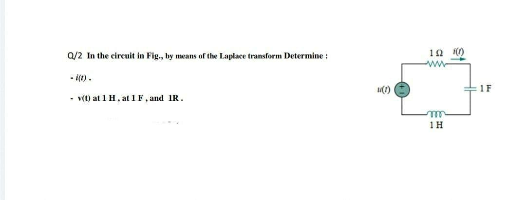 Q/2 In the circuit in Fig., by means of the Laplace transform Determine :
10 i(t)
ww
- i(t).
u(1)
1 F
- v(t) at 1 H, at 1 F, and 1R.
ell
1H
