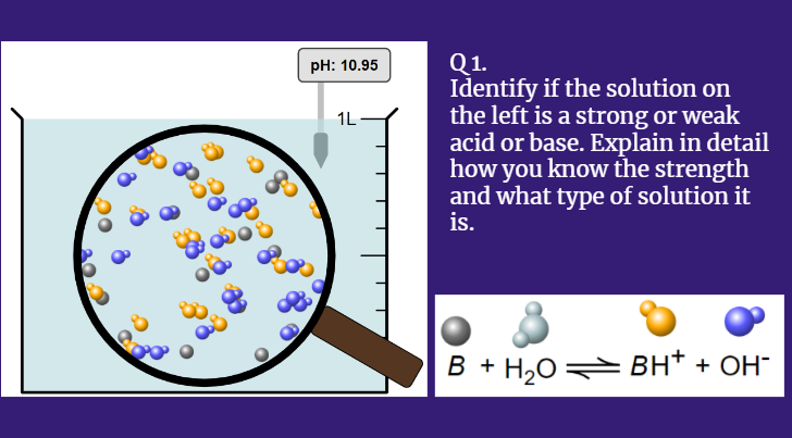 Q1.
Identify if the solution on
the left is a strong or weak
acid or base. Explain in detail
how you know the strength
and what type of solution it
is.
pH: 10.95
1L
B + H,O BH* + OH¯
