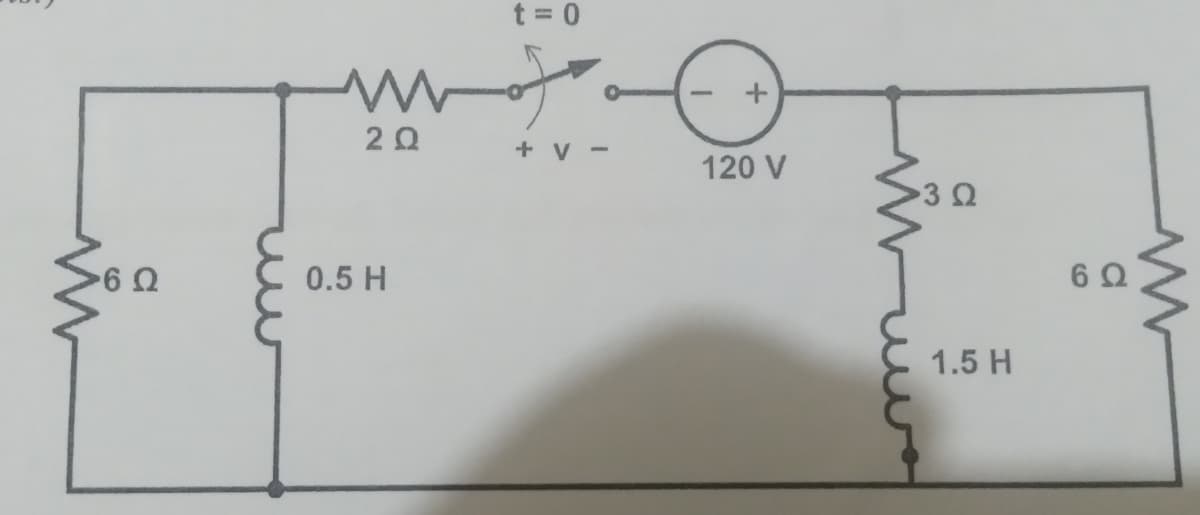 6 Ω
ww
2 Ω
0.5 H
t = 0
hot
+ V-
-
120 V
3 Ω
1.5 H
6Q
www