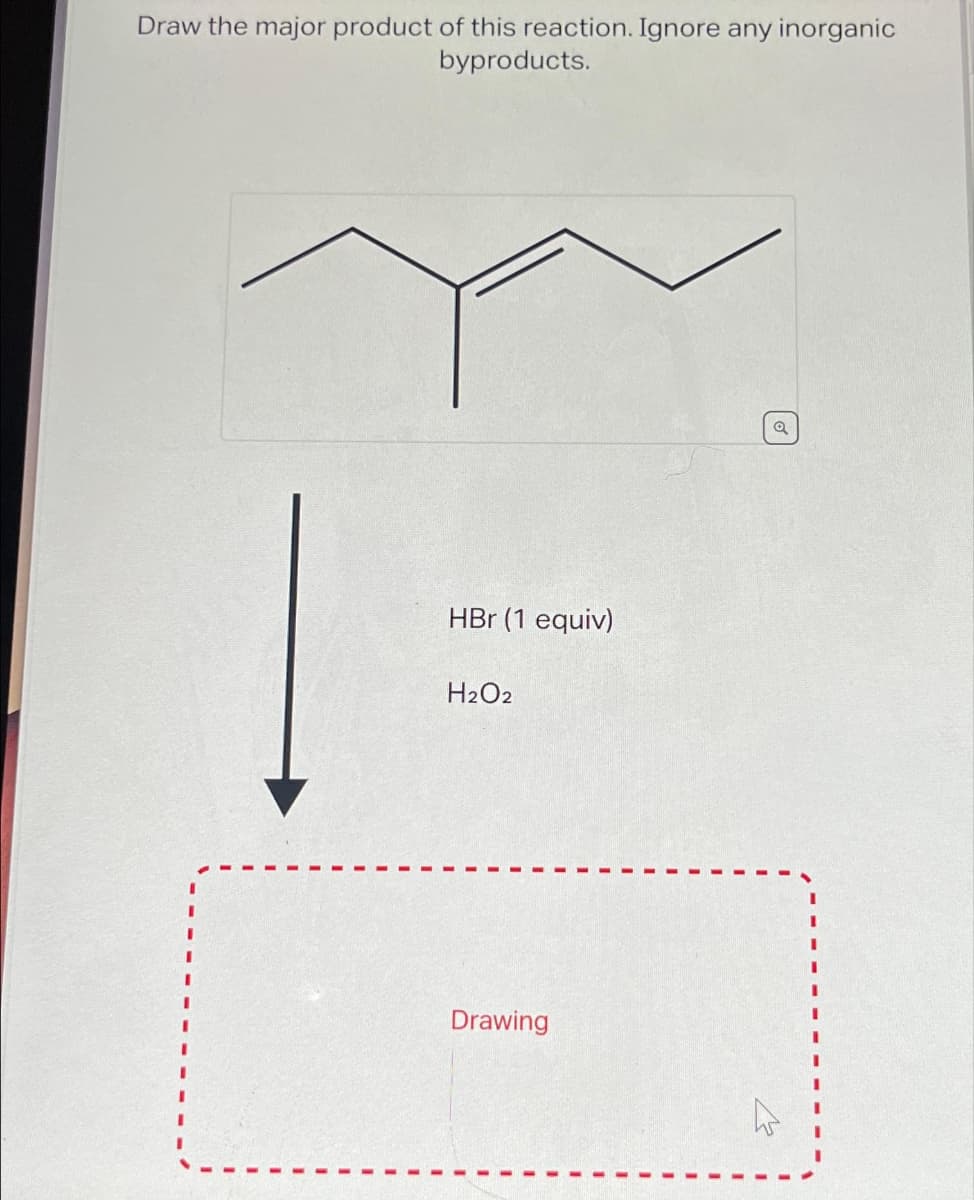 Draw the major product of this reaction. Ignore any inorganic
byproducts.
HBr (1 equiv)
H₂O2
Drawing
Q
ہلے