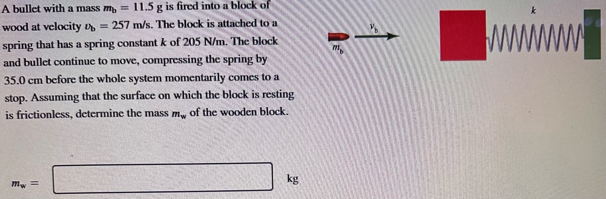 A bullet with a mass m = 11.5 g is fired into a block of
wood at velocity = 257 m/s. The block is attached to a
spring that has a spring constant k of 205 N/m. The block
and bullet continue to move, compressing the spring by
35.0 cm before the whole system momentarily comes to a
stop. Assuming that the surface on which the block is resting
is frictionless, determine the mass my of the wooden block.
Mw=
kg
m
wwwww.