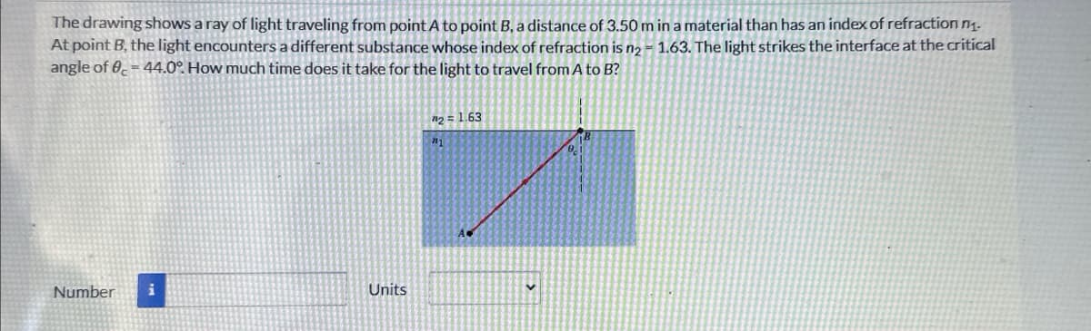 The drawing shows a ray of light traveling from point A to point B, a distance of 3.50 m in a material than has an index of refraction n1.
At point B, the light encounters a different substance whose index of refraction is n2 -1.63. The light strikes the interface at the critical
angle of 0-44.0% How much time does it take for the light to travel from A to B?
#2 = 1.63
711
Number
i
Units