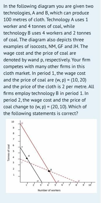 In the following diagram you are given two
technologies, A and B, which can produce
100 metres of cloth. Technology A uses 1
worker and 4 tonnes of coal, while
technology B uses 4 workers and 2 tonnes
of coal. The diagram also depicts three
examples of isocosts, NM, GF and JH. The
wage cost and the price of coal are
denoted by wand p, respectively. Your firm
competes with many other firms in this
cloth market. In period 1, the wage cost
and the price of coal are (w, p) = (10, 20)
and the price of the cloth is 2 per metre. All
firms employ technology B in period 1. In
period 2, the wage cost and the price of
coal change to (w, p) = (20, 10). Which of
the following statements is correct?
Tonnes of coal
10
9
8
Number of workers