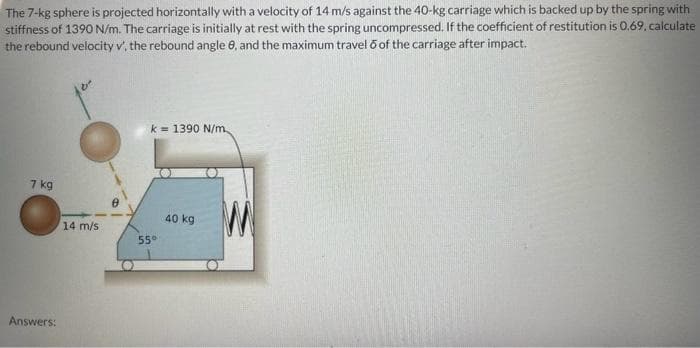 The 7-kg sphere is projected horizontally with a velocity of 14 m/s against the 40-kg carriage which is backed up by the spring with
stiffness of 1390 N/m. The carriage is initially at rest with the spring uncompressed. If the coefficient of restitution is 0.69, calculate
the rebound velocity v', the rebound angle 8, and the maximum travel o of the carriage after impact.
7 kg
Answers:
14 m/s
k= 1390 N/m.
55⁰
40 kg