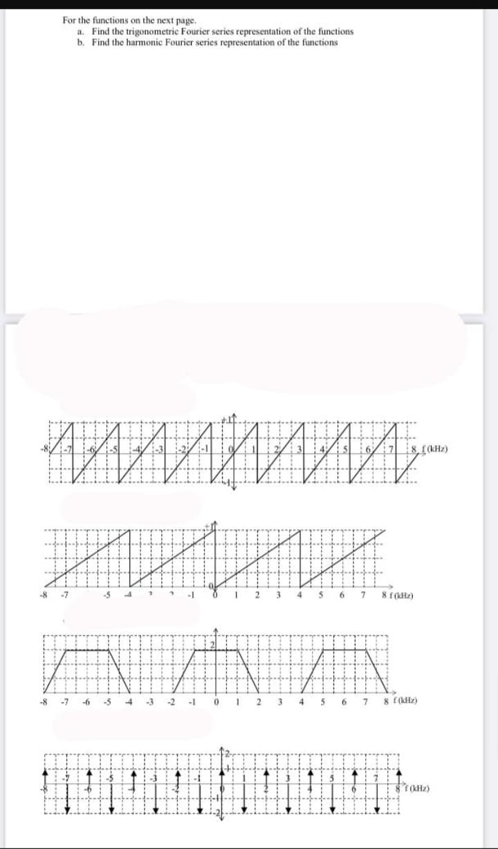 For the functions on the next page.
a. Find the trigonometric Fourier series representation of the functions
Find the harmonic Fourier series representation of the functions
b.
ми
-8
-7
-8 -7 -6 -5
4
-1
-2 -1
0
1
1
15
или
2
2
3
5 6 7
4 5
6
7
8. (kHz)
8 (Hz)
8 (Hz)
f(kHz)