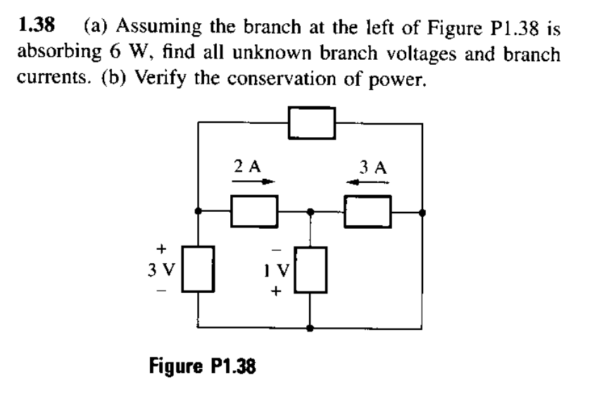 1.38 (a) Assuming the branch at the left of Figure P1.38 is
absorbing 6 W, find all unknown branch voltages and branch
currents. (b) Verify the conservation of power.
+
3 V
*0
2 A
Figure P1.38
O
IV
+
3 A