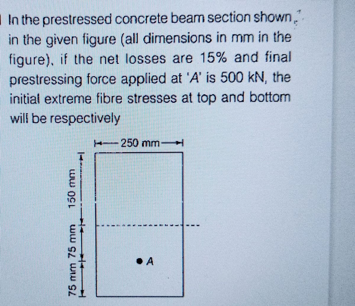 In the prestressed concrete beam section shown
in the given figure (all dimensions in mm in the
figure), if the net losses are 15% and final
prestressing force applied at 'A' is 500 kN, the
initial extreme fibre stresses at top and bottom
will be respectively
ww OGL
75 min 75 mm
21
H-250 mm
*
**
E
I
#
1
L