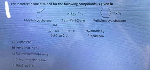 The incorrect name attained for the following compounds is given in
1-Methylcyclobutene
HO
a) Propadiene
b) trans-Pent-2-yne
c) Methylenecyclohexane
d) 1-Methylcyclobutene
e) But-3-yn-2-ol
H₂C-CH-CEC-H
But-3-yn-2-ol
trans-Pent-2-yne Methylenecyclohexane
CH₂
H₂C=C=CH₂
Propadiene