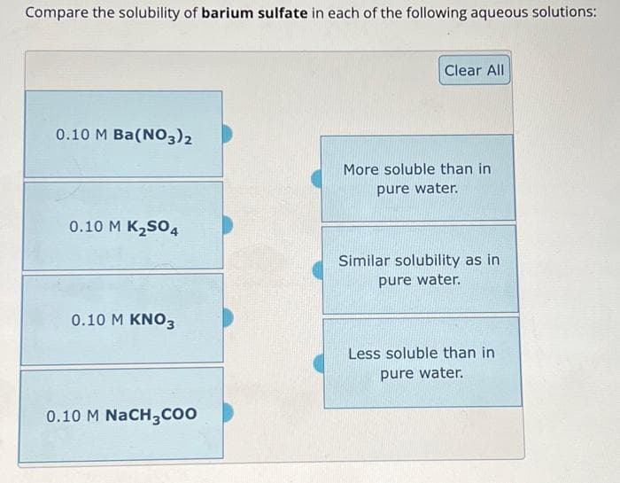 Compare the solubility of barium sulfate in each of the following aqueous solutions:
0.10 M Ba(NO3)2
0.10 M K₂SO4
0.10 M KNO3
0.10 M NaCH3COO
Clear All
More soluble than in
pure water.
Similar solubility as in
pure water.
Less soluble than in
pure water.