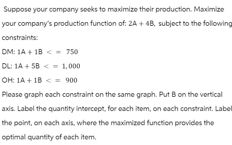 Suppose your company seeks to maximize their production. Maximize
your company's production function of: 2A + 4B, subject to the following
constraints:
DM: 1A 1B < = 750
DL: 1A5B < = 1,000
OH: 1A 1B < = 900
Please graph each constraint on the same graph. Put B on the vertical
axis. Label the quantity intercept, for each item, on each constraint. Label
the point, on each axis, where the maximized function provides the
optimal quantity of each item.