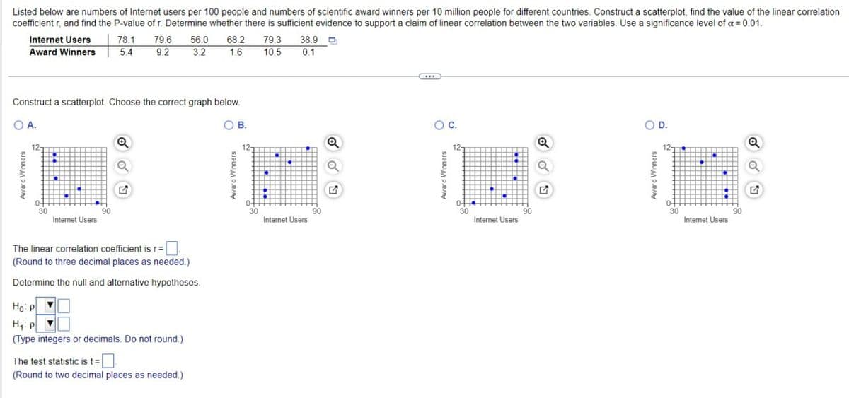 Listed below are numbers of Internet users per 100 people and numbers of scientific award winners per 10 million people for different countries. Construct a scatterplot, find the value of the linear correlation
coefficient r, and find the P-value of r. Determine whether there is sufficient evidence to support a claim of linear correlation between the two variables. Use a significance level of a = 0.01.
Internet Users 78.1
56.0 68.2
79.6
Award Winners
5.4
9.2
3.2
1.6
79.3
10.5
38.9
0.1
Construct a scatterplot. Choose the correct graph below.
O A.
12-
Internet Users
90
The linear correlation coefficient is r=
(Round to three decimal places as needed.)
Determine the null and alternative hypotheses.
Ho
H₁ P
(Type integers or decimals. Do not round.)
The test statistic is t=[
(Round to two decimal places as needed.)
B.
12-
30
90
Internet Users
○ C.
Q
12-
G
30
Internet Users
90
♫
○ D.
Q
12-
Award Winners
30
Internet Users
G
90