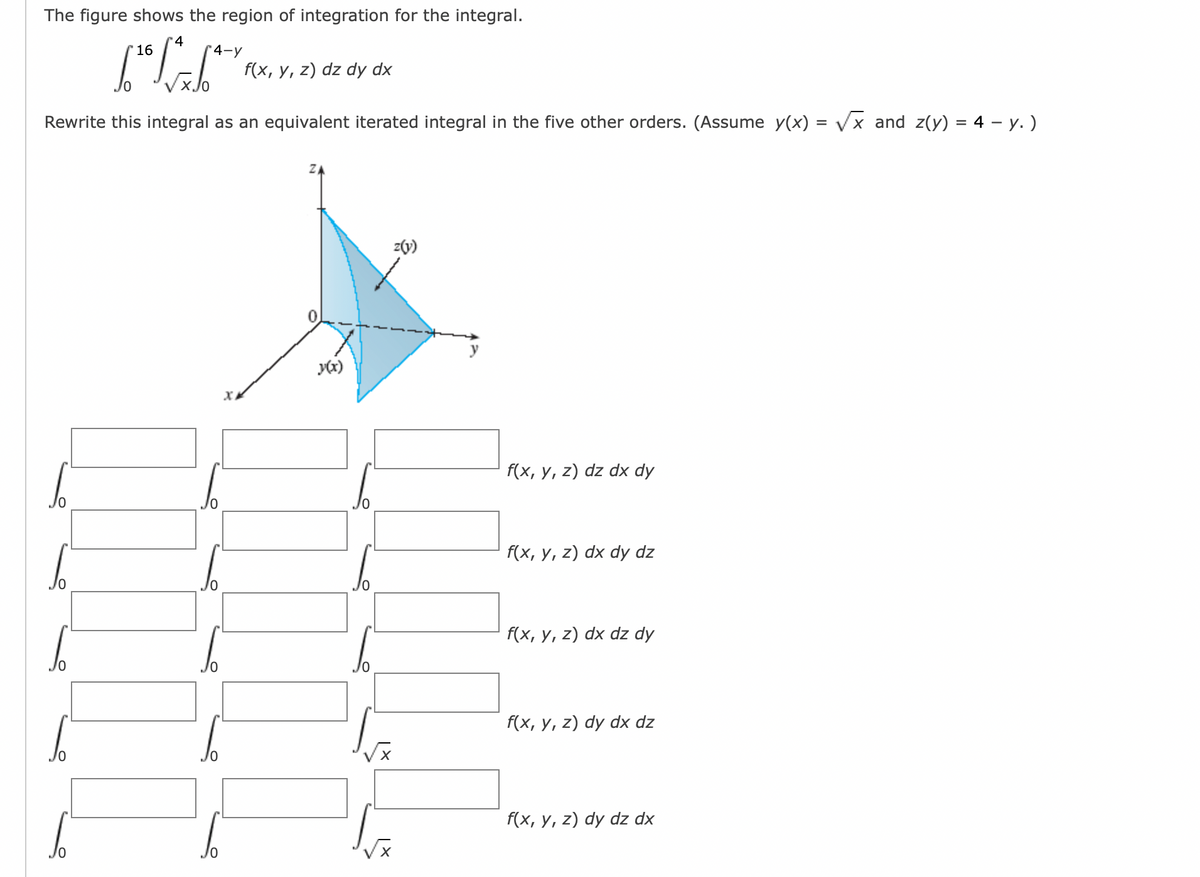 The figure shows the region of integration for the integral.
16
0
4
f(x, y, z) dz dy dx
Rewrite this integral as an equivalent iterated integral in the five other orders. (Assume y(x) = √√x and z(y) = 4 − y.)
0
4-y
10
10
10
y(x)
JO
z(1)
f(x, y, z) dz dx dy
f(x, y, z) dx dy dz
f(x, y, z) dx dz dy
f(x, y, z) dy dx dz
f(x, y, z) dy dz dx