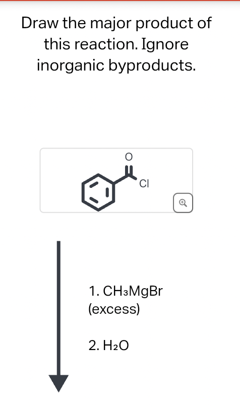 Draw the major product of
this reaction. Ignore
inorganic byproducts.
O
CI
1. CH3MgBr
(excess)
2. H₂O