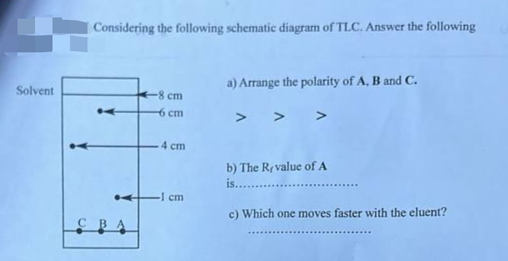 ·
Solvent
Considering the following schematic diagram of TLC. Answer the following
CBA
-8 cm
-6 cm
.4 cm
-1 cm
a) Arrange the polarity of A, B and C.
b) The Revalue of A
is...
c) Which one moves faster with the eluent?