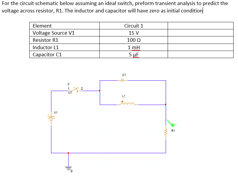 For the circuit schematic below assuming an ideal switch, preform transient analysis to predict the
voltage across resistor, R1. The inductor and capacitor will have zero as initial condition
Element
Circuit 1
Voltage Source V1
15 V
Resistor R1
100 Q
Inductor L1
1 mH
Capacitor C1
5 µF
C1
1
U1
L1
V1
R1
2.
