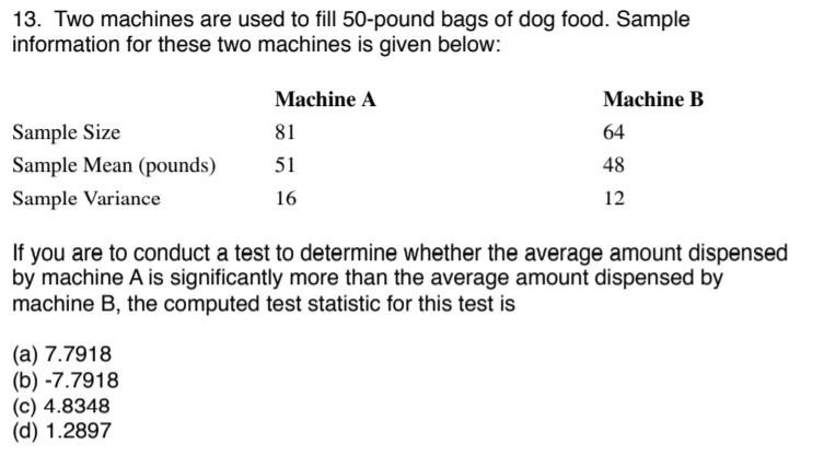 13. Two machines are used to fill 50-pound bags of dog food. Sample
information for these two machines is given below:
Machine A
Machine B
Sample Size
81
64
Sample Mean (pounds)
51
48
Sample Variance
16
12
If you are to conduct a test to determine whether the average amount dispensed
by machine A is significantly more than the average amount dispensed by
machine B, the computed test statistic for this test is
(a) 7.7918
(b) -7.7918
(c) 4.8348
(d) 1.2897
